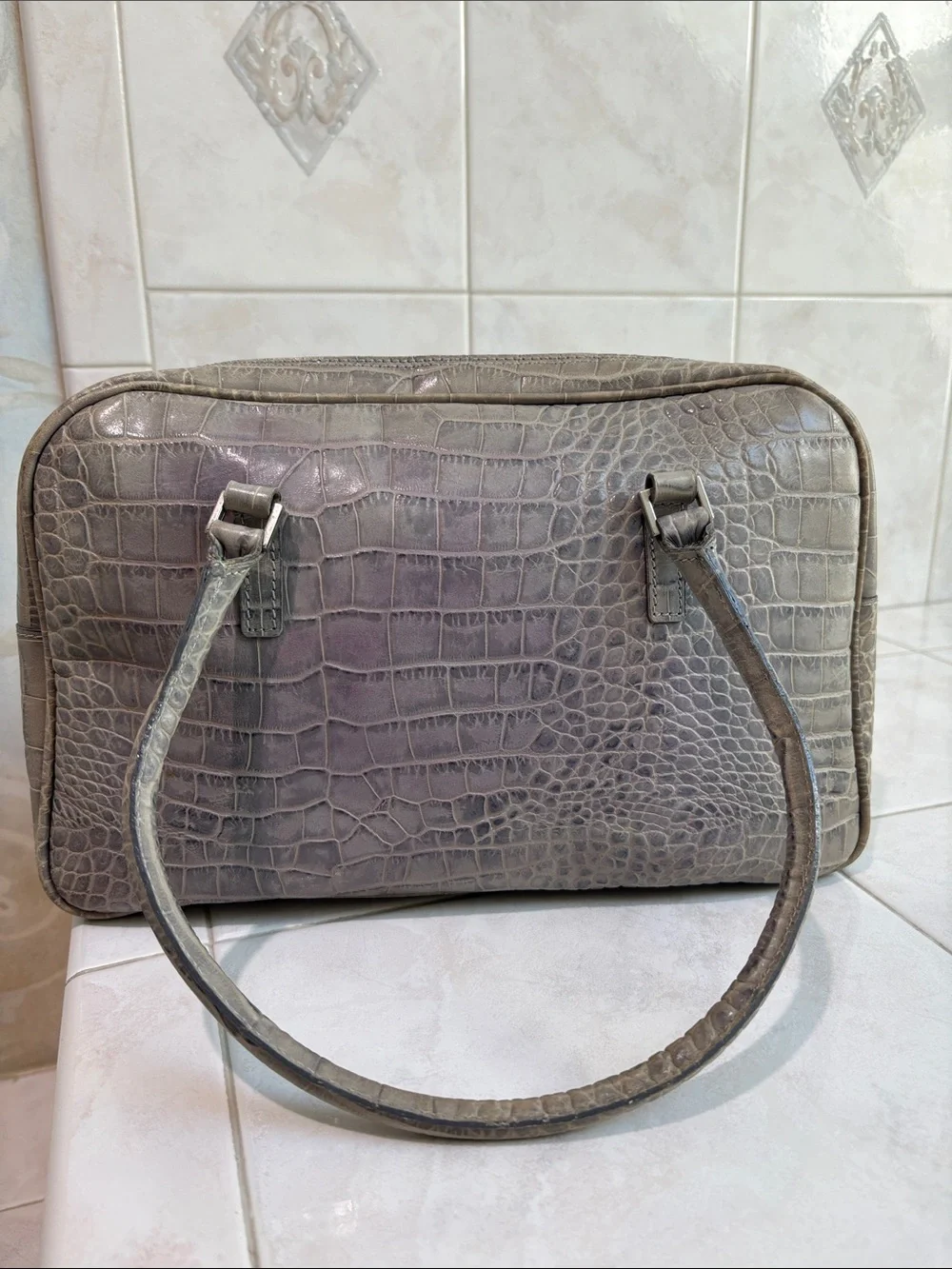 Tanner, Made in Italy ,Croc-Embossed Taupe/Gray Leather Top-zip Satchel